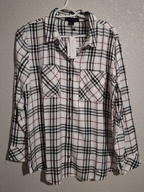 Simple Sanctuary White Plaid Button-Down Shirt with Black and Red Stripes